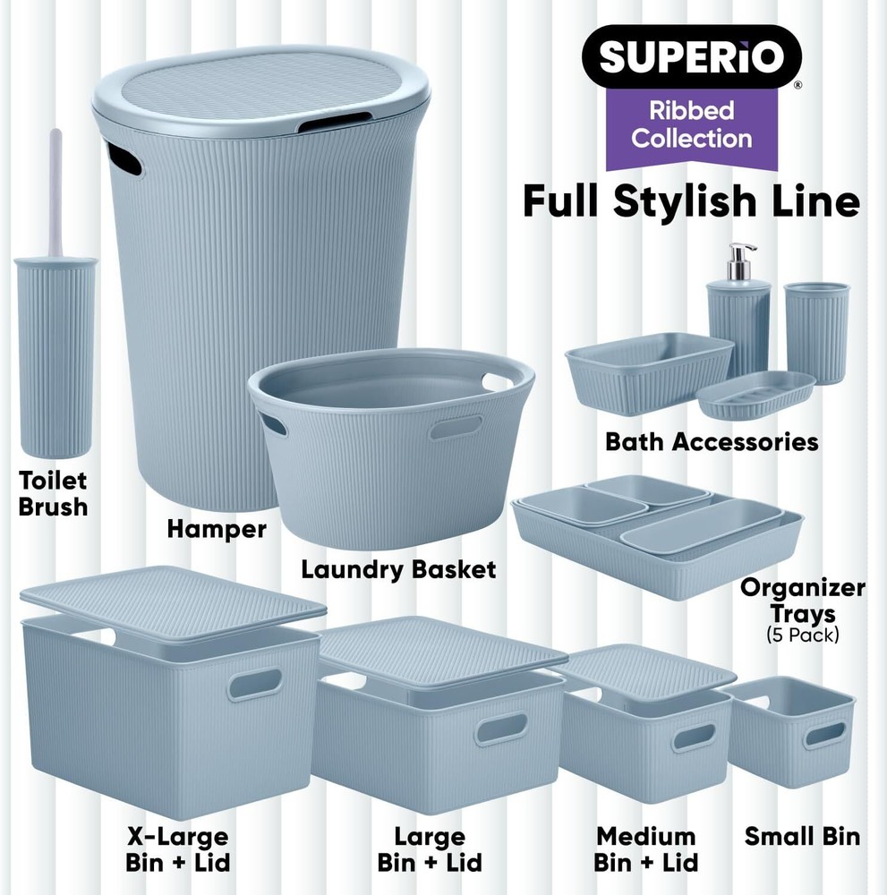 Superio 15L Medium Ribbed Storage Bin- Plastic Storage Bin (8 Pack, Stone Blue)
