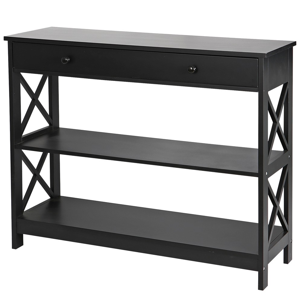 3 Tier Wood Console Table Entryway Table Narrow Sofa Side Table w/Drawer Black