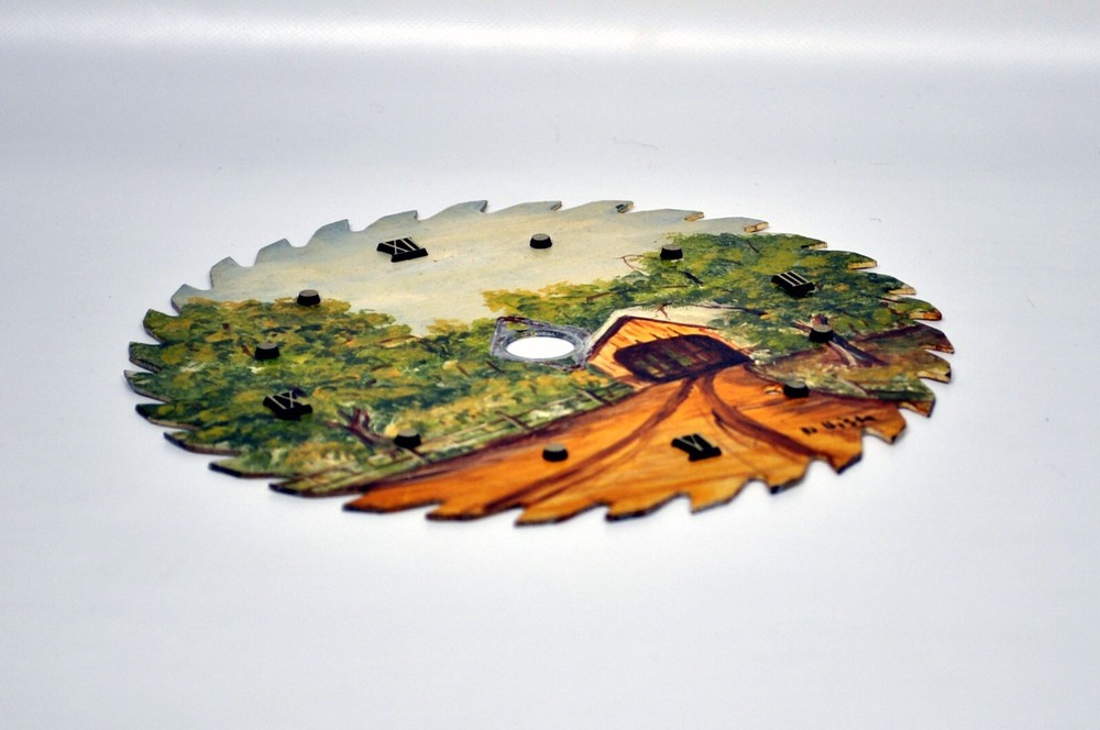 HAND PAINTED 7.25" Circular Saw Blade CLOCK FACE Covered Bridge Scene SIGNED