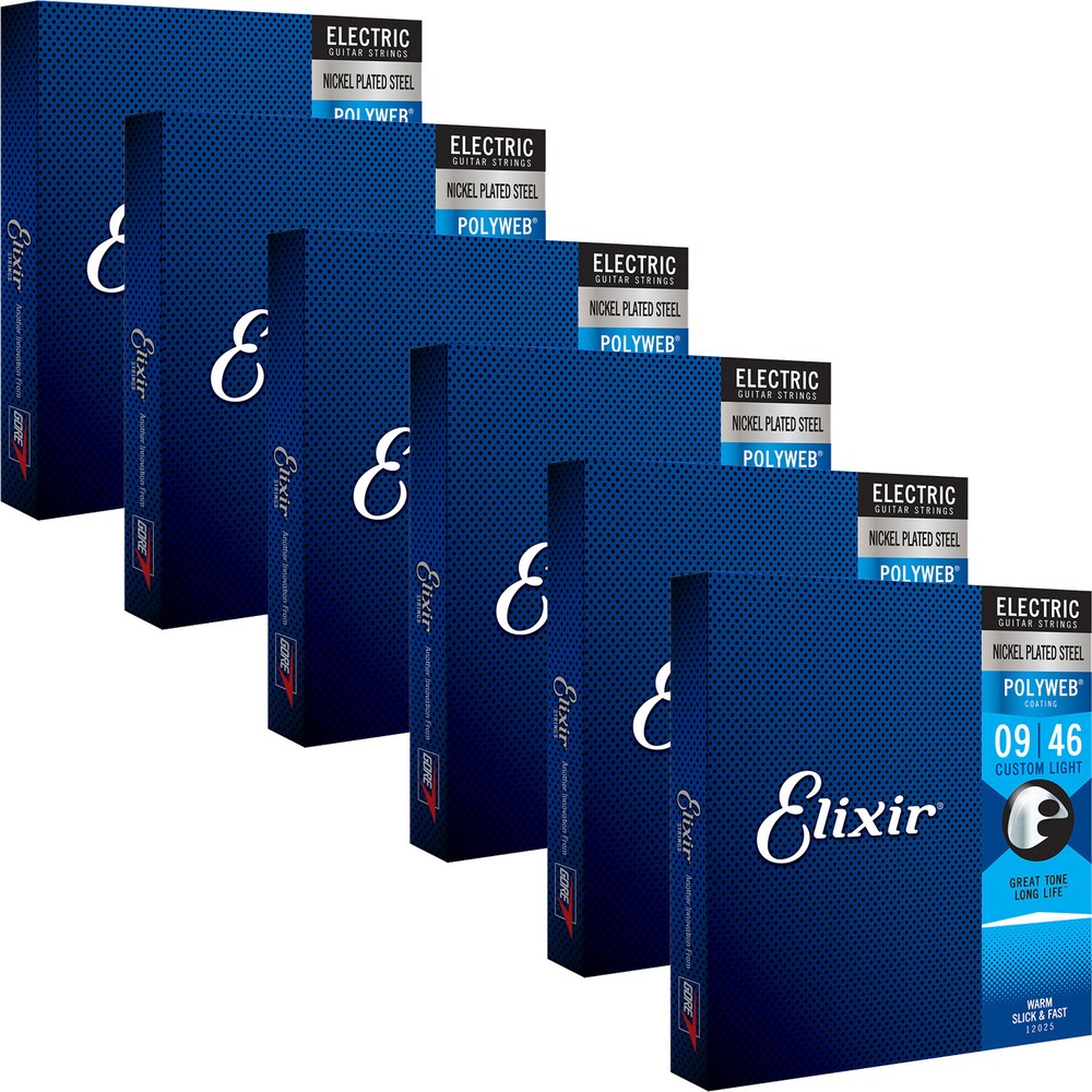 6 Sets Elixir 12025 POLYWEB Electric Guitar Strings, Custom Light 9-46