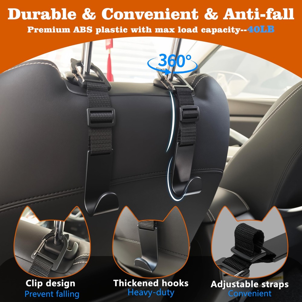 Car Headrest Hooks 4 Pack Adjustable Universal Fit Auto Seat Back Organizer