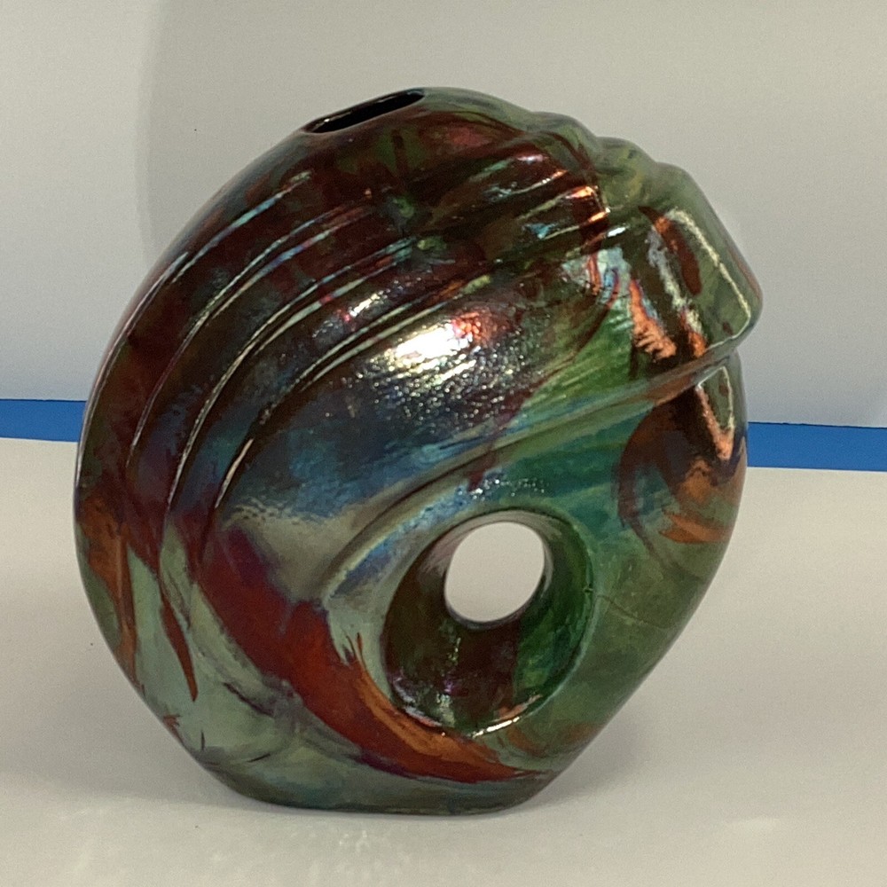 Signed Ruby Hansen 2012 raku pottery vase