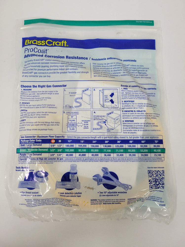 NEW ** Brasscraft Coated Stainless Steel 1/2” OD X 24” Long Gas Connector