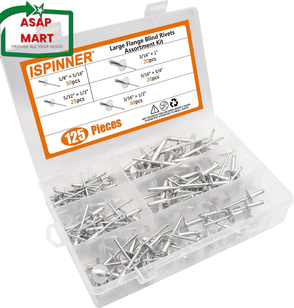 ISPINNER 125Pcs Large Flange Aluminum Blind Rivets, Pop Rivets Assortment Kit (S