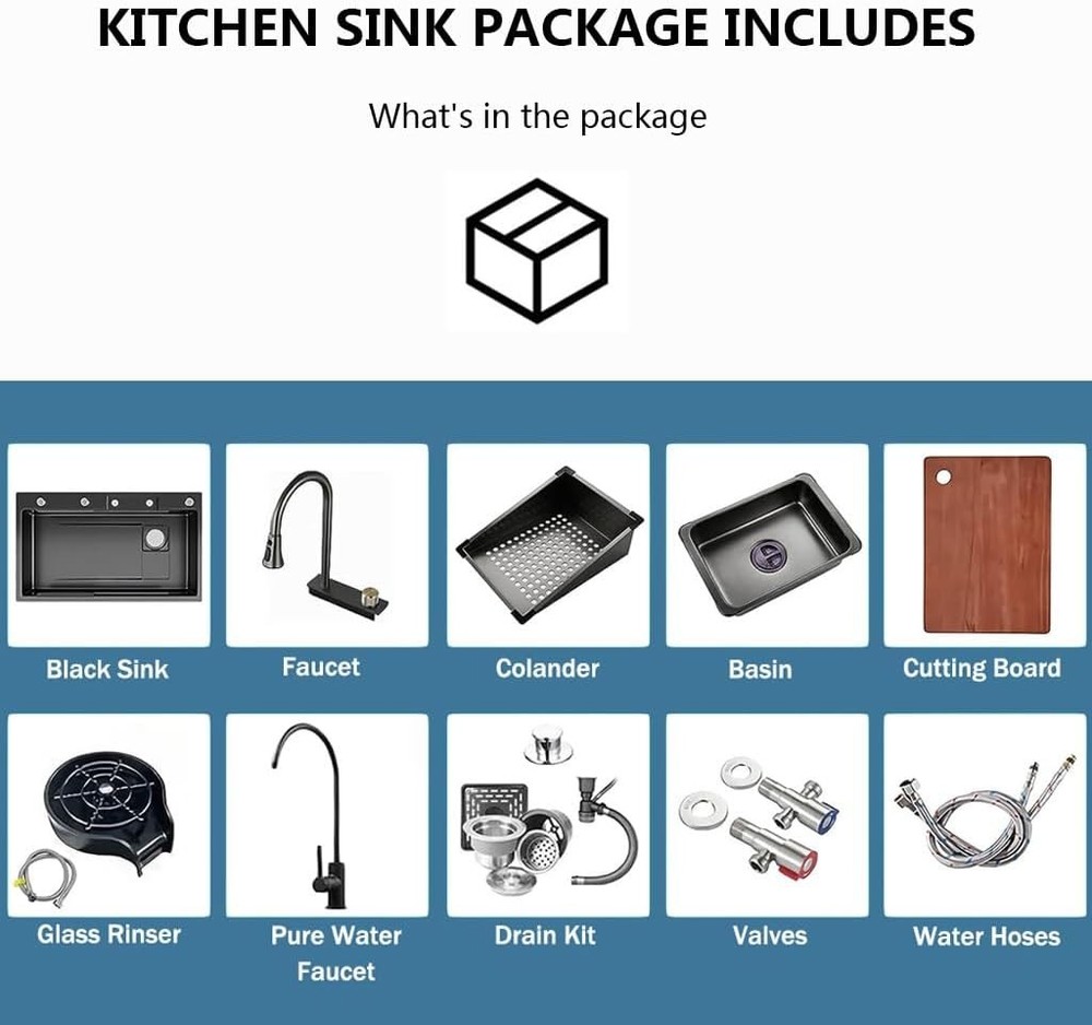 Black Waterfall Drop in Kitchen Sink Single Bowl 26.8in