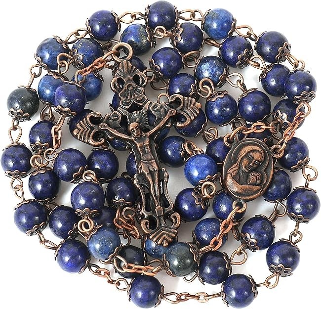 Lapis Lazuli Vintage Design Rosary Natural Stone Beads Necklace Holy Soil Medal