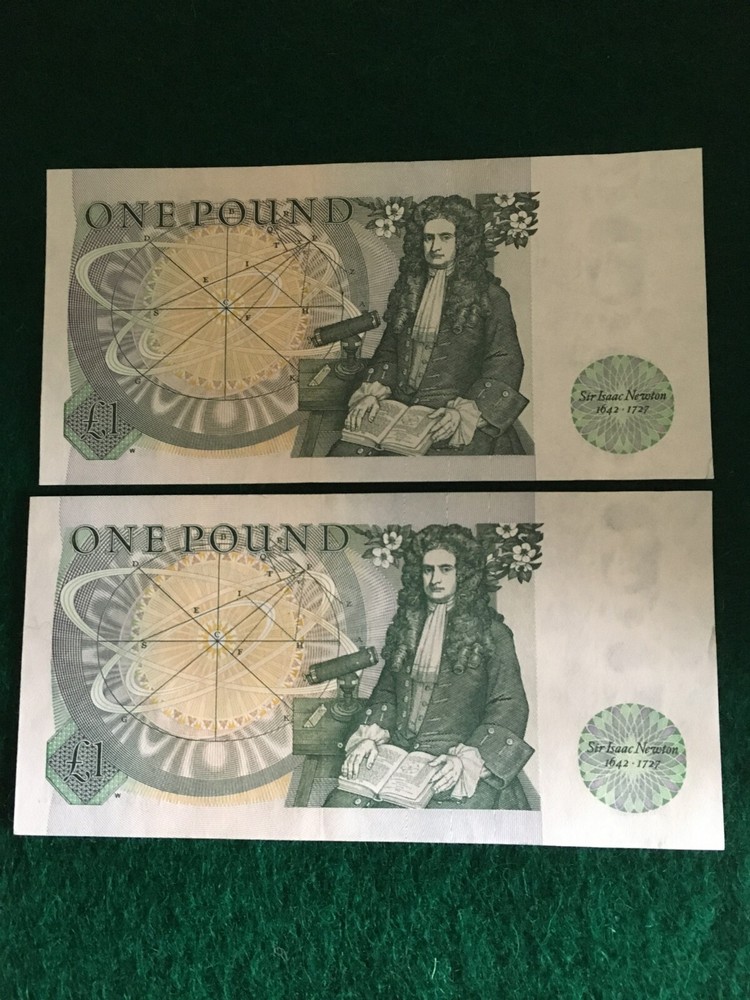 2 one pound English uncirculated Banknotes.