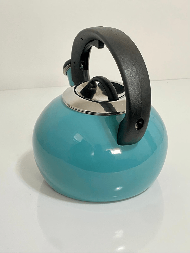 Enamel-on-Steel Whistling Tea Kettle 2.3 Quart Anti-Hot Folding Handle Turquoise