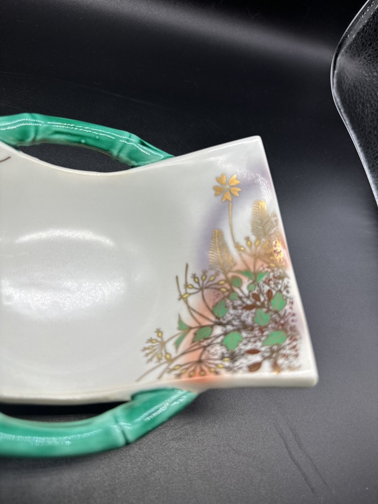Rectangular Dish Bamboo Look Handles Hand Painted Floral Design
