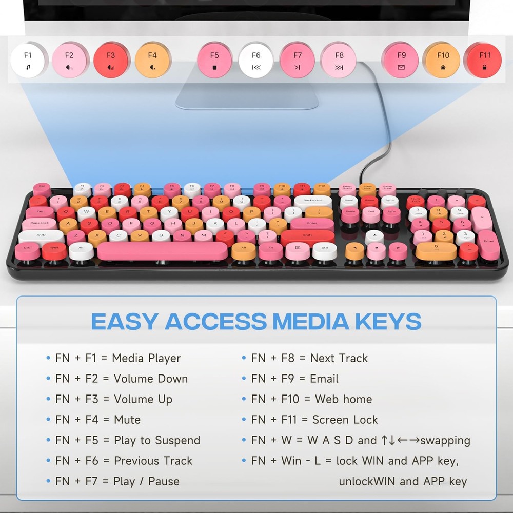 Computer Keyboard Wired, Plug and Play USB Retro Round Typewriter Keyboard, F...