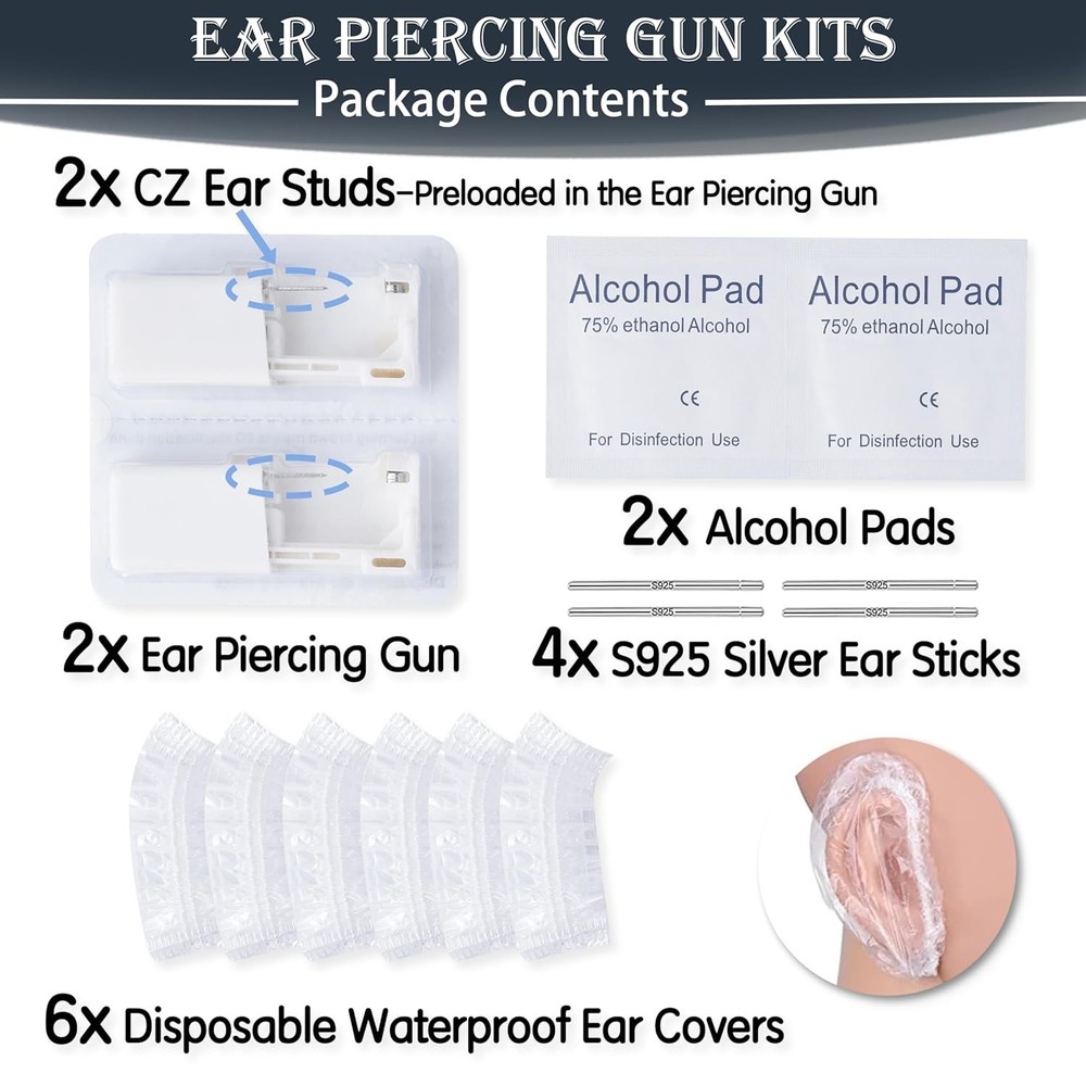 Complete Ear Piercing Kit: 2 Disposable Guns & 2MM CZ Studs for Safe At-Home Use