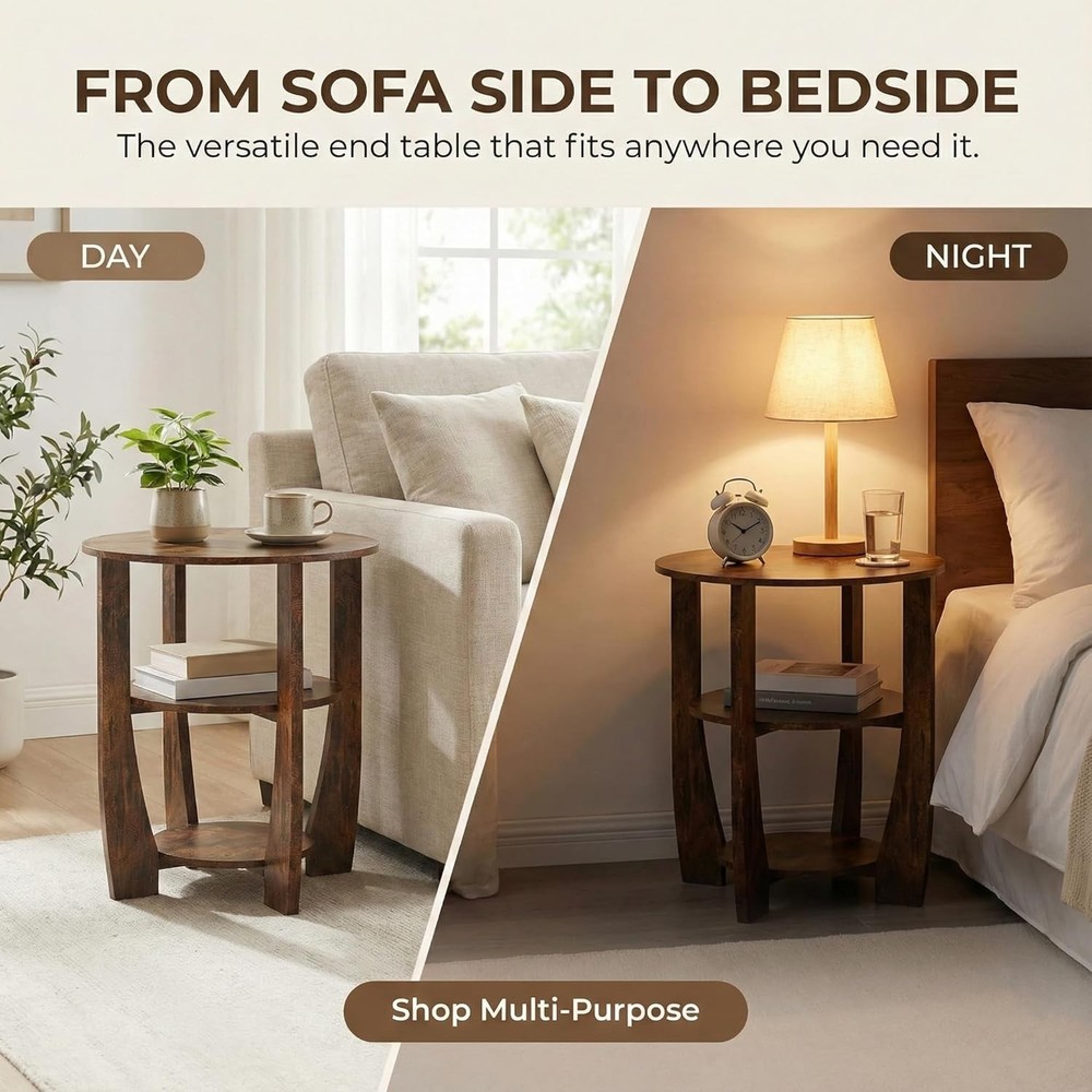 NEW Round Side Table, 3-Tier End Table with Storage, 19.7?? Rustic Brown Accent