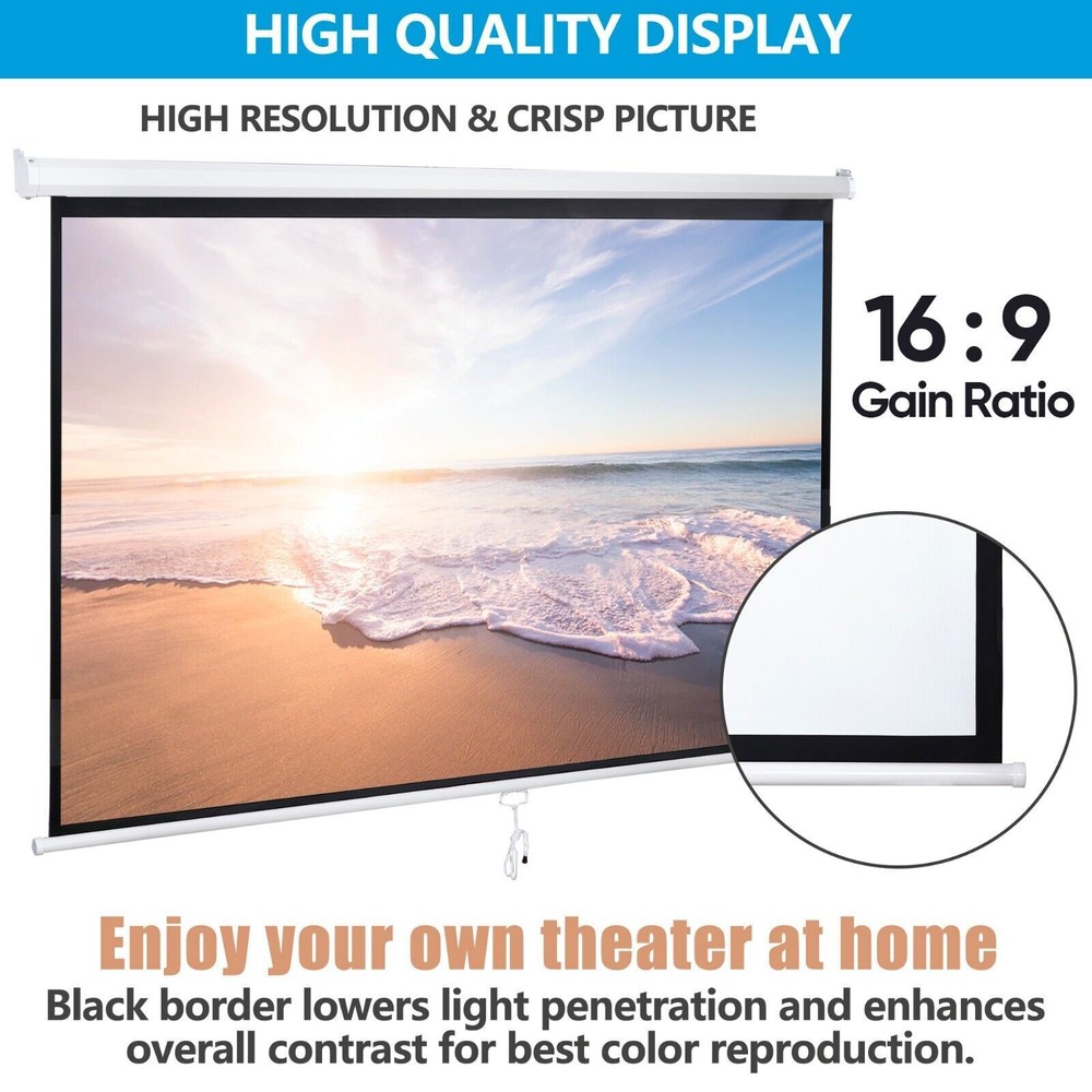 100" Diagonal 16:9 Projection Projector Screen HD Manual Pull Down Home Theater