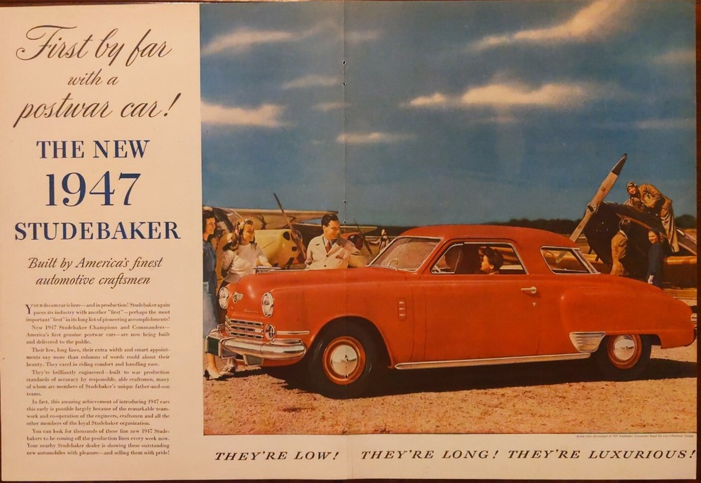 1947 vintage Studebaker Commander regal print ad with airplane backdrop