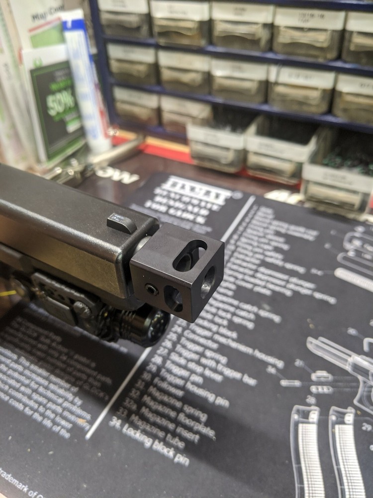 .45 cal Muzzle Brake 37/64"-28 TPI, Black anodize, Thread on, Micro