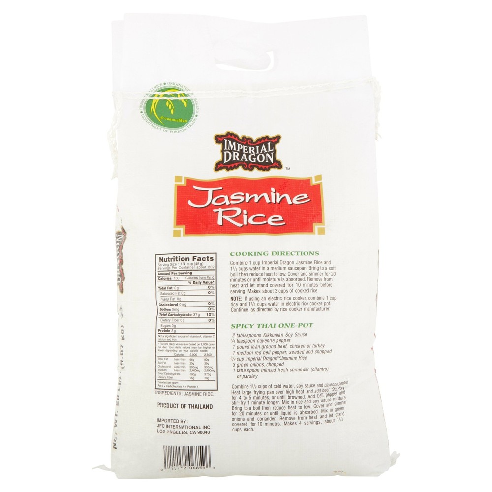 Imperial Dragon Jasmine Rice, 20 lbs, Non-GMO