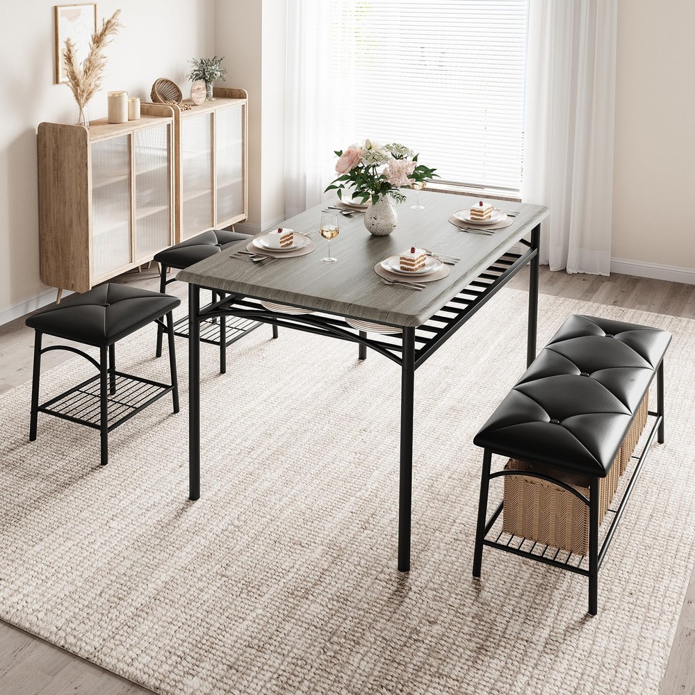 New Dining Table Set for 4 Kitchen Table with Bench and Stools w/Storage Shelves
