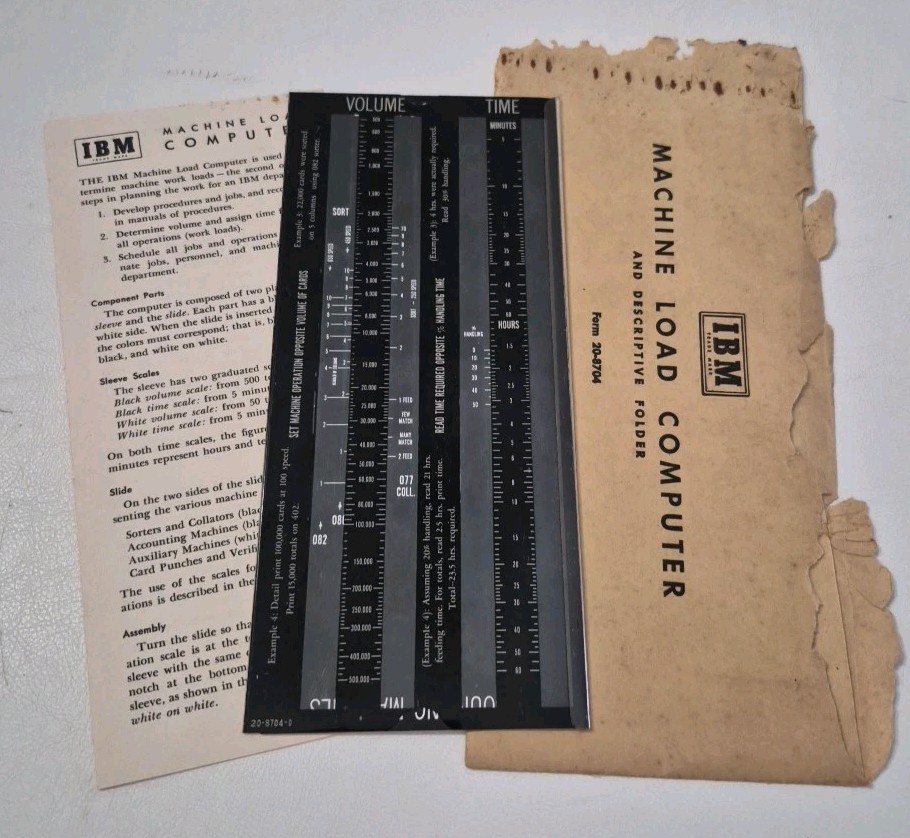 IBM Machine Load Computer & Descriptive Folder Slide Ruler 3 Pieces USA Vintage