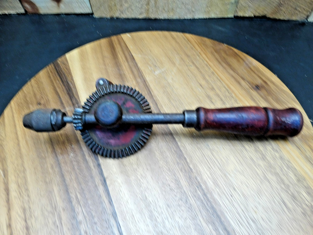 Vintage Egg Beater Hand Drill with Removable Bit Storage Handle Cap