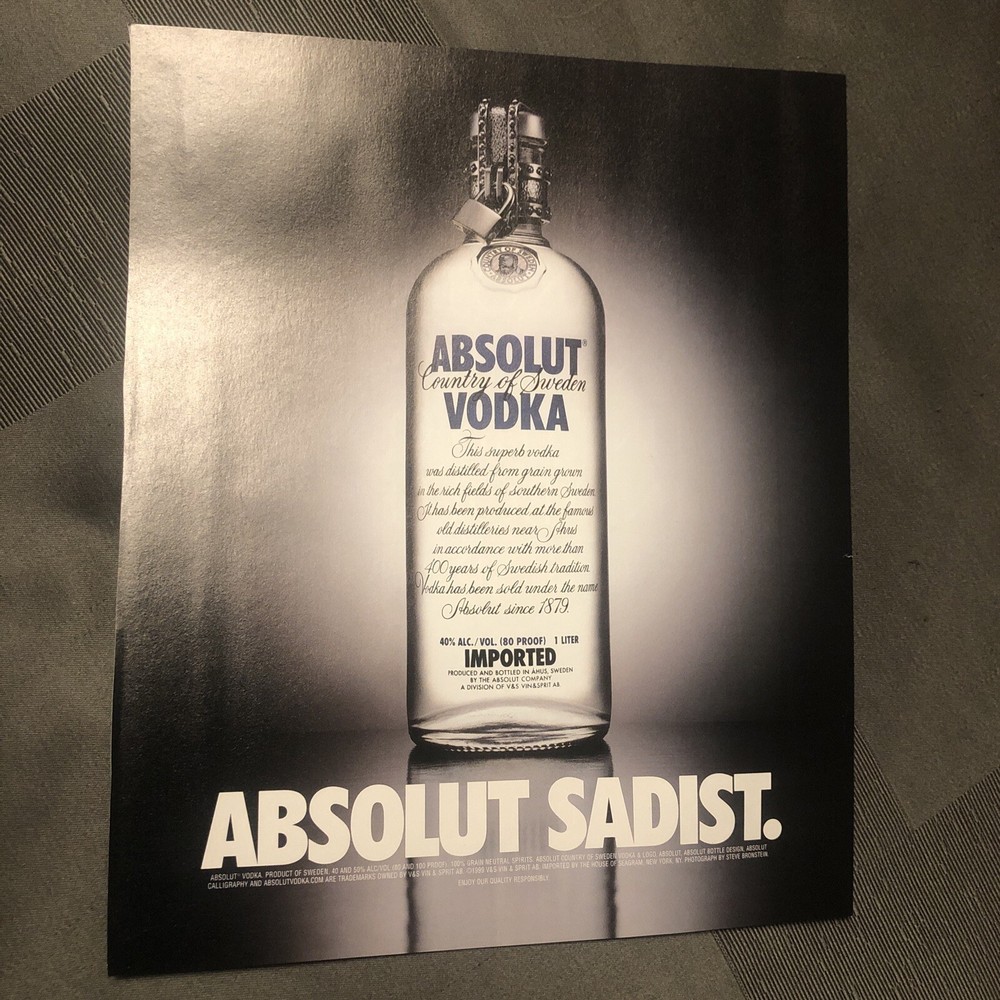 1999 Absolut Vodka Print Ad ABSOLUT SADIST
