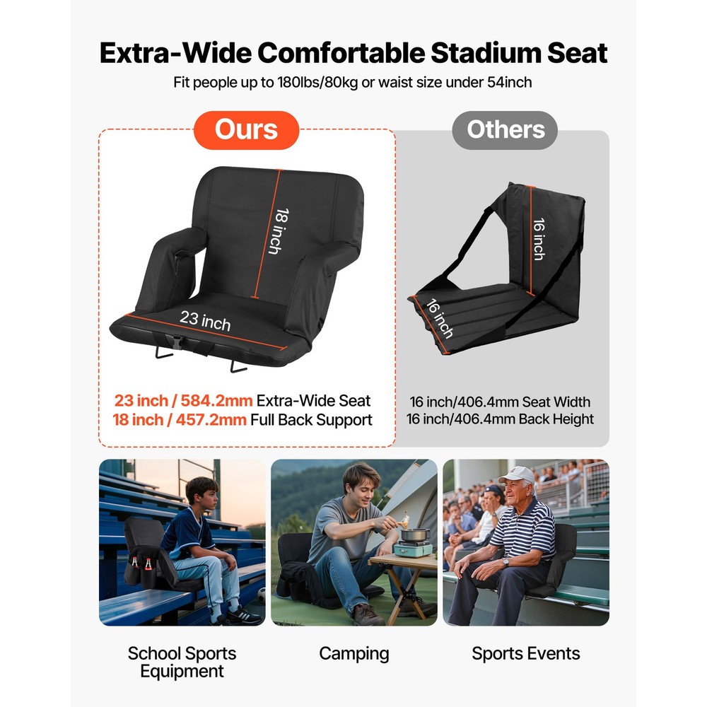 Folding Stadium Chair with Back Support, Armrest & Storage Pouch