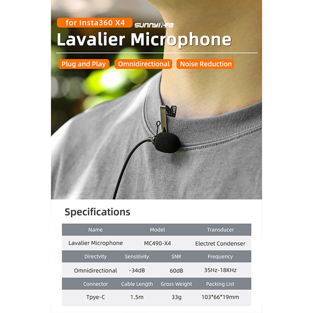 1.5m Lavalier Microphone Type-C Interface Mic For Insta360 X4 Action Camera