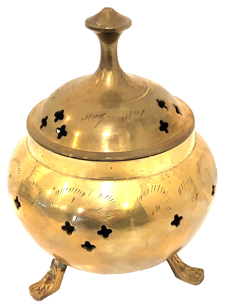 Vintage Heavy Brass Incense Holder Burner Etched Incensor