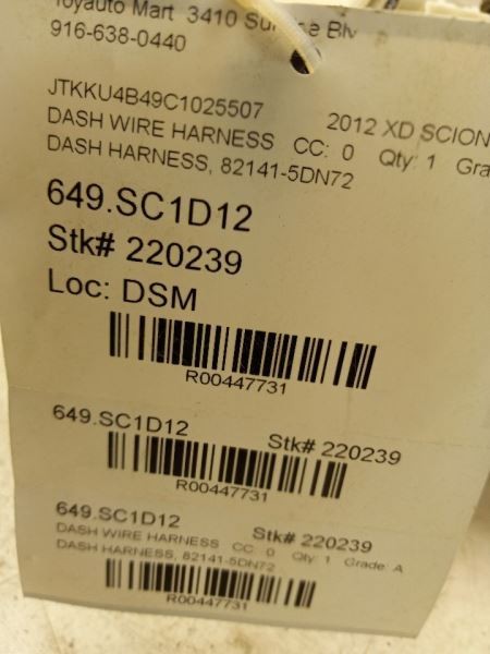 2012 SCION XD DASH HARNESS 82141-5DN72