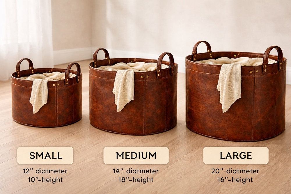 Leather Laundry Basket Hamper Large Round Storage Bin Clothes Organizer Brown