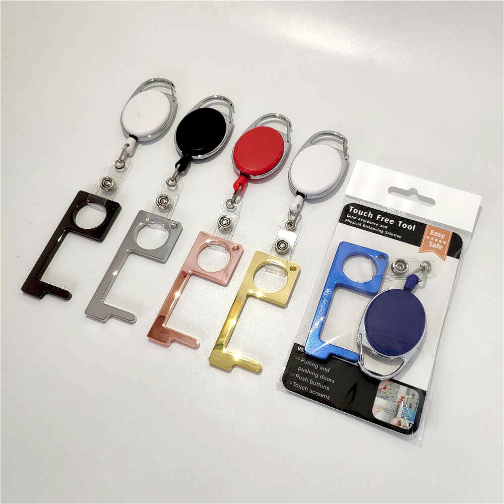 Contactless Brass Door Opener W/ Retractable Pull Reel Stepnpull Keychain SILVER