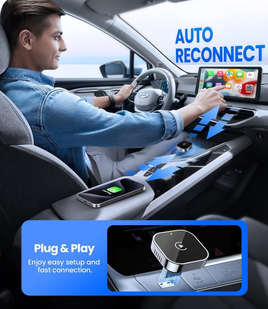 Wireless CarPlay Adapter & Android Auto Dongle, Fast Auto-Connect, Compact Plug