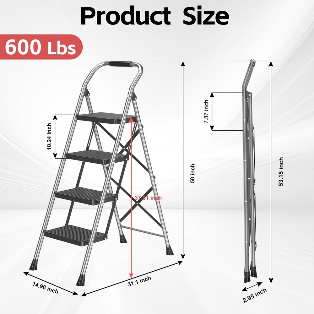 Step Ladder Foldable Folding Stool - for Home Adults 4 Step, Grey Black