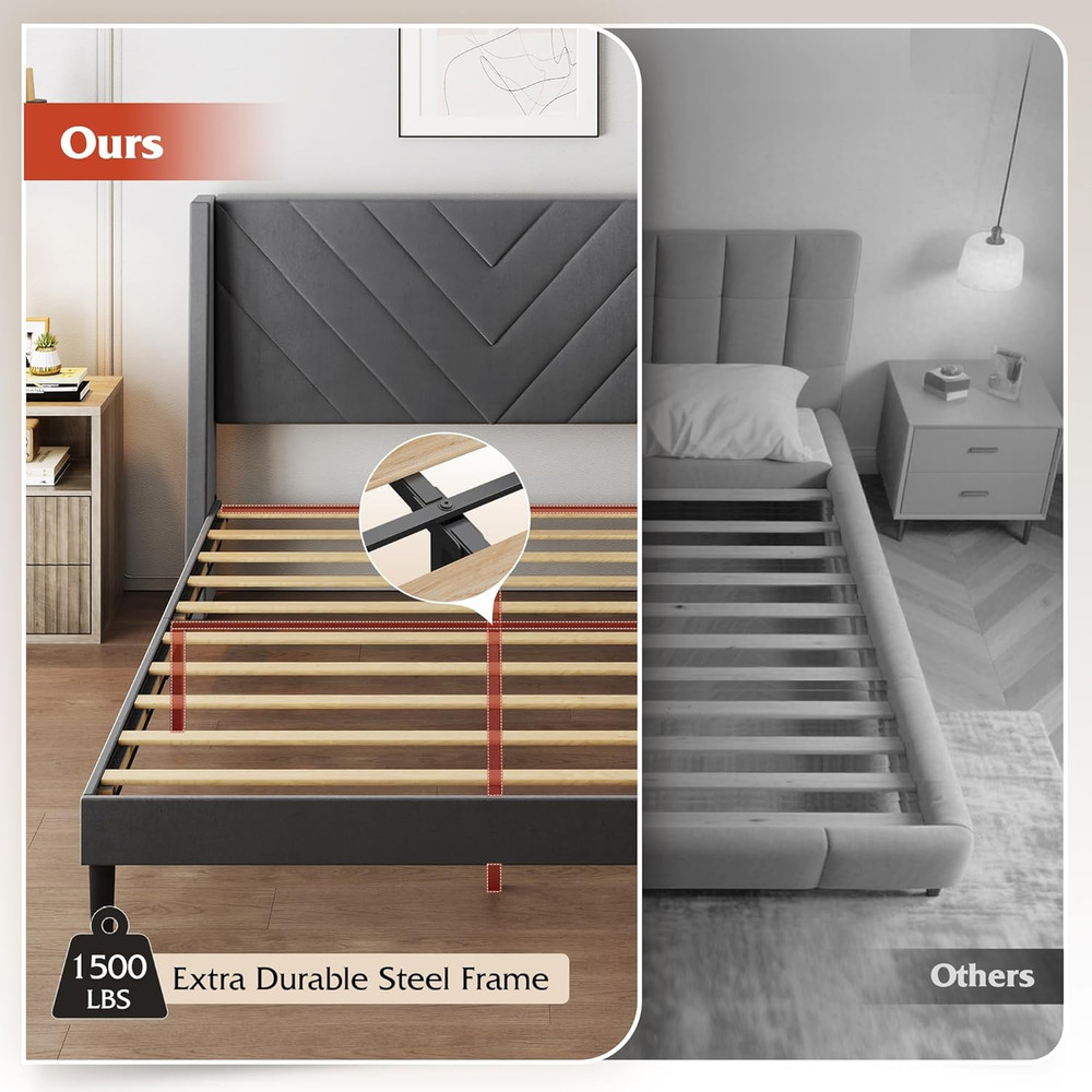 Upholstered Bed Frame, Queen Bed Frame with Tufted Headboard, Platform Bed with