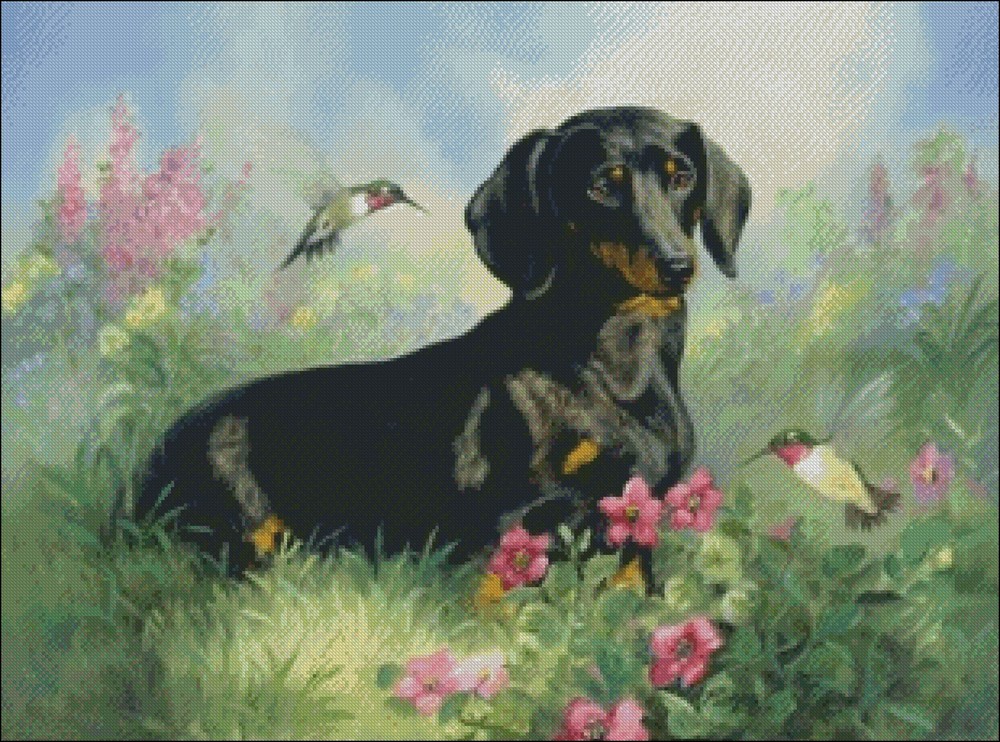 Dog and Hummingbirds - DIY Counted Cross Stitch Pattern Needlework