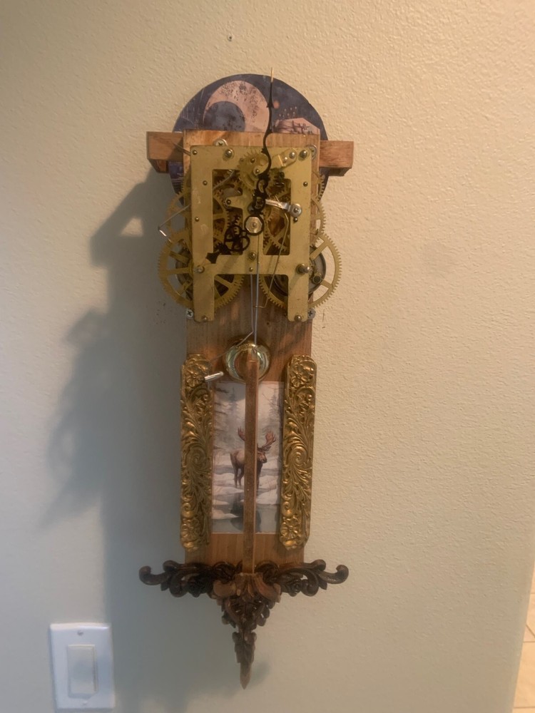 MOON DIAL SKELETON CLOCK VITAGE MOVEMENT, WALL HANGER, MOOSE AND MOON.