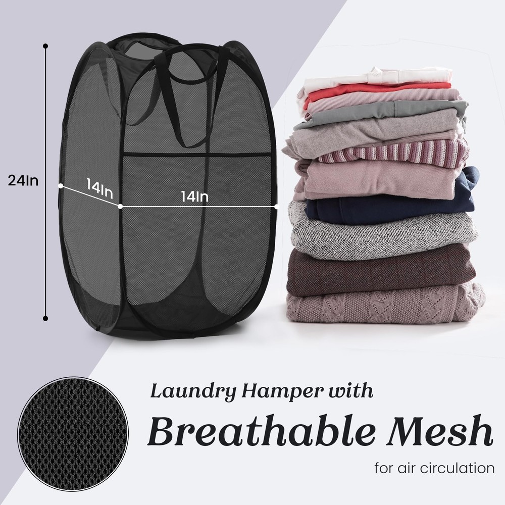 Collapsible Mesh Pop Up Laundry Hamper Sturdy Handles Side Pocket Black
