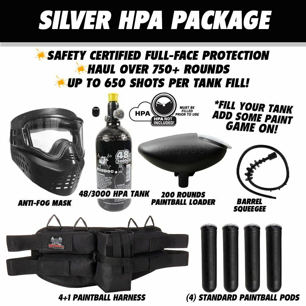 Maddog Tippmann Cronus Basic Silver HPA Paintball Gun Starter Package Black Tan