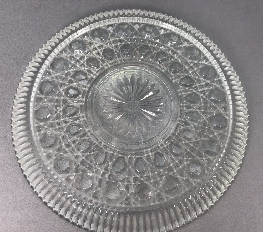 Vintage Pressed Glass Platter Diamond button Pattern 11" Cake Clear Beautiful