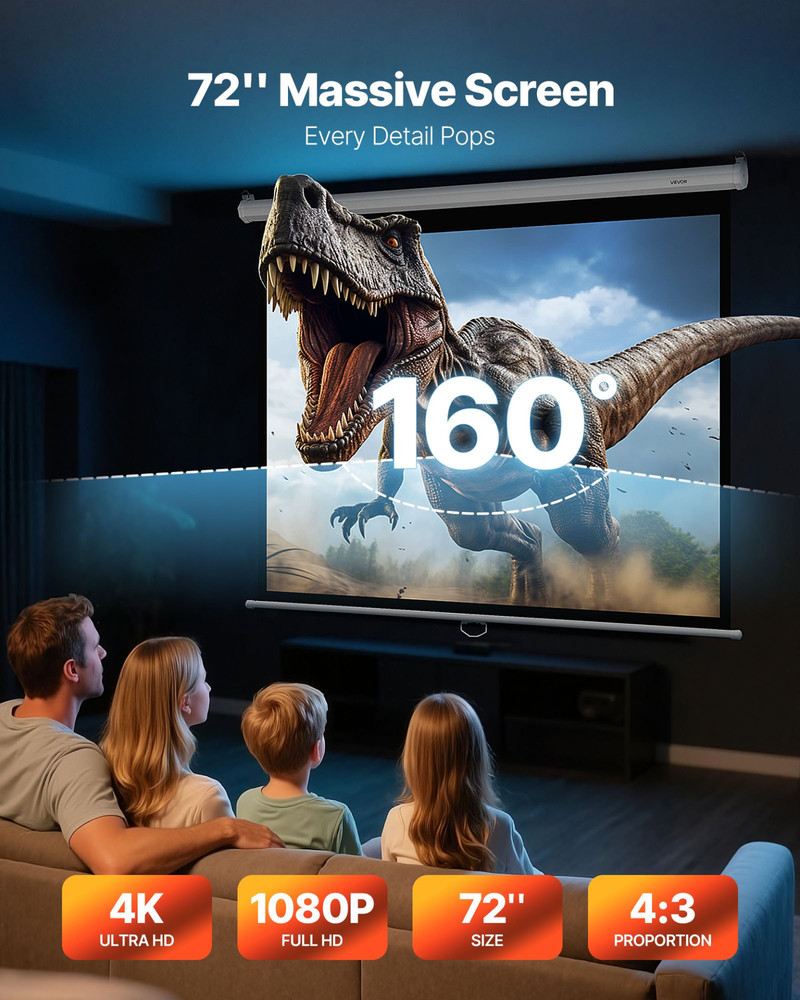 VEVOR 72" Manual Pull Down Projector Screen, 4K/HD Wall Mount, 4:3