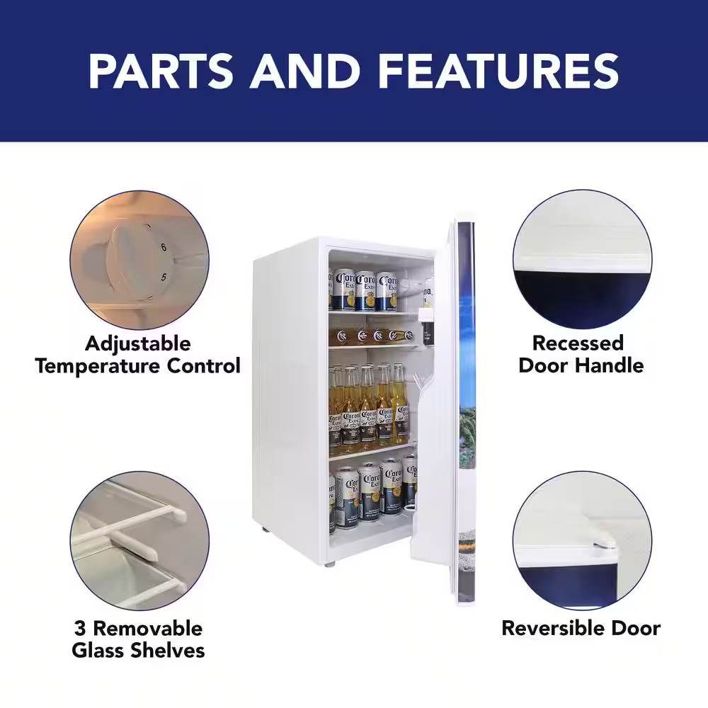 Compact Fridge with Bottle Opener, 3.2 Cu. Ft.. (90L), White, Flat Back, Reversi