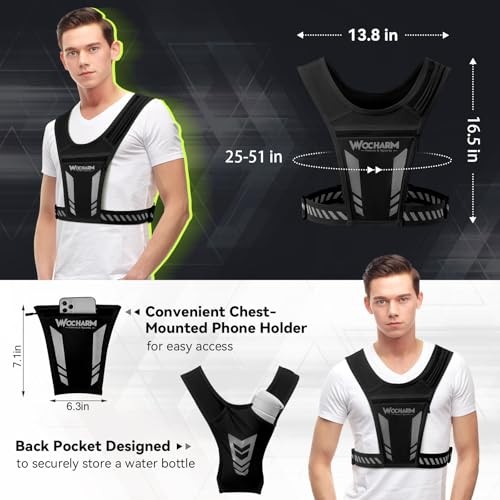 Reflective Vest Chest Phone Holder, Adjustable Hydration Training Workout Black