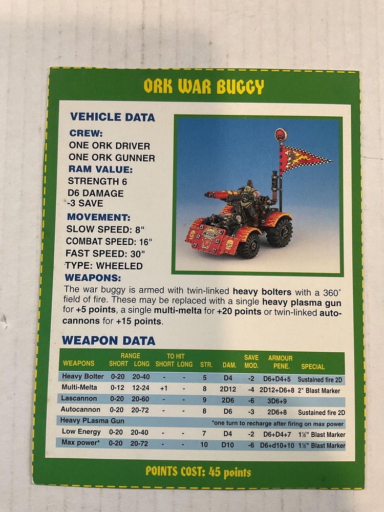 Games Workshop Warhammer 40K Ork War Buggy Vehicle Data Card Rules Sheet