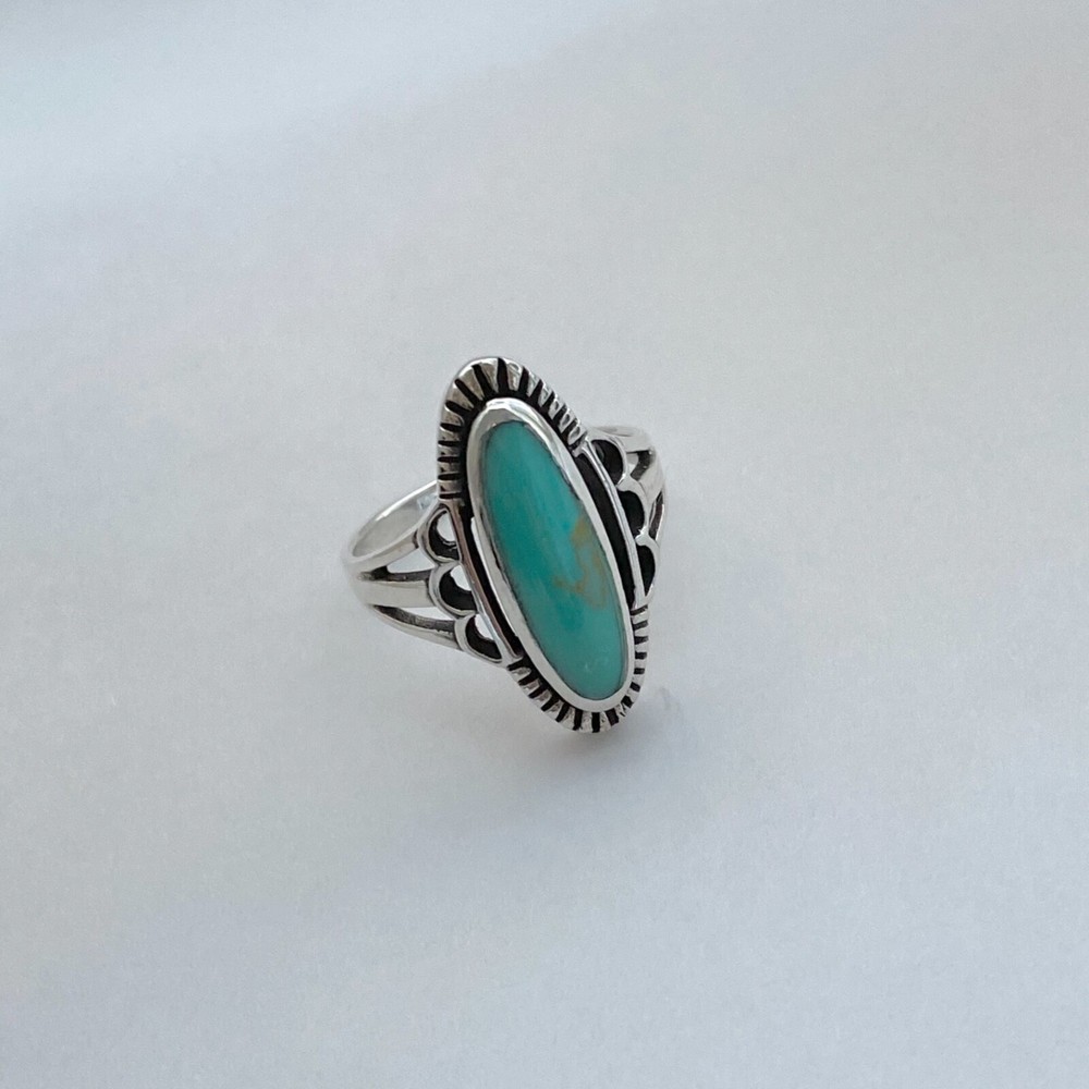 Sterling Silver Etched Oval Synthetic Turquoise Ring, Statement Stone Rings