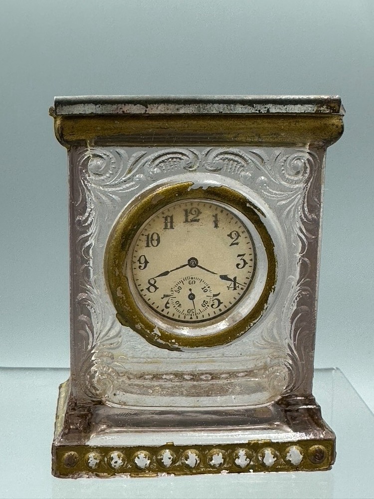1910s MANTEL CLOCK Glass CANDY CONTAINER Antique A&E 164