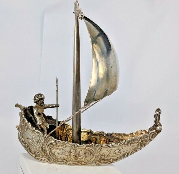 Miniature Hanau solid silver cherub sail boat Circa 1900