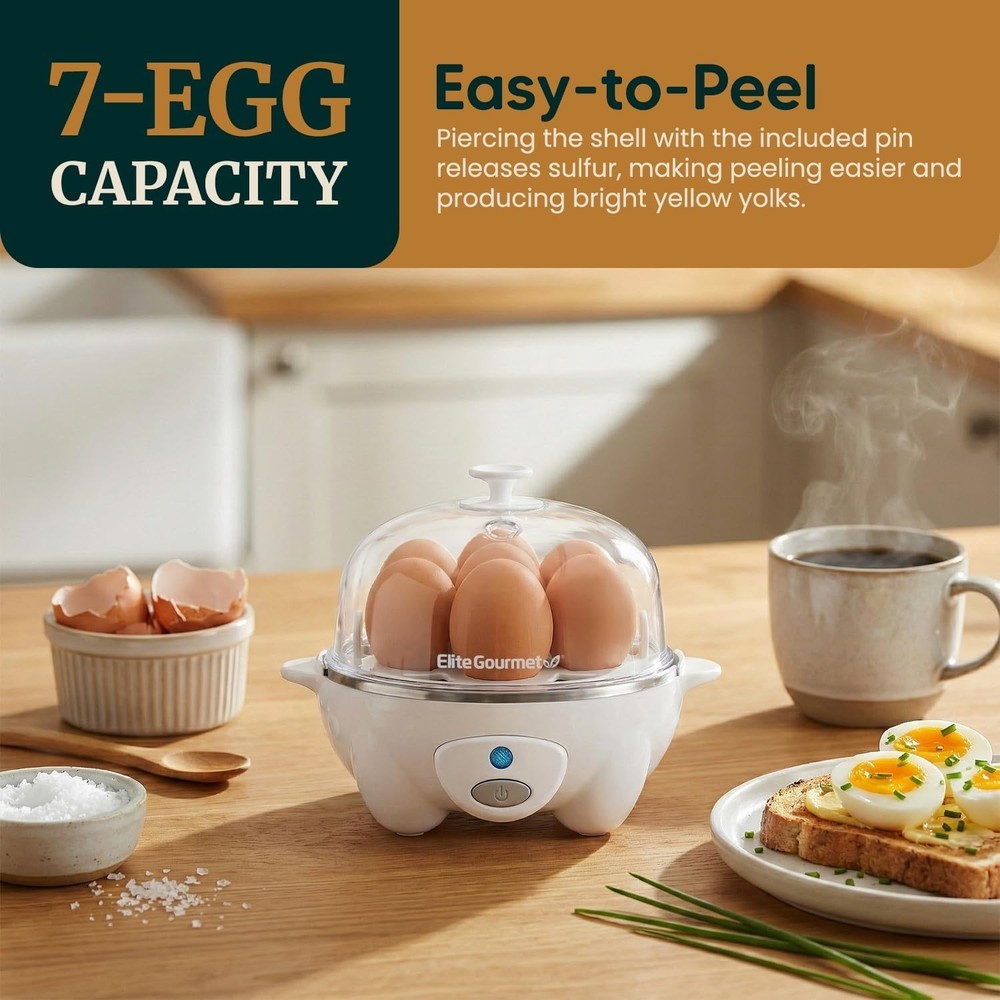 7‑Egg Rapid Cooker – Soft/Medium/Hard Boiled, Poach, Omelet, Auto Shut‑Off, Whit