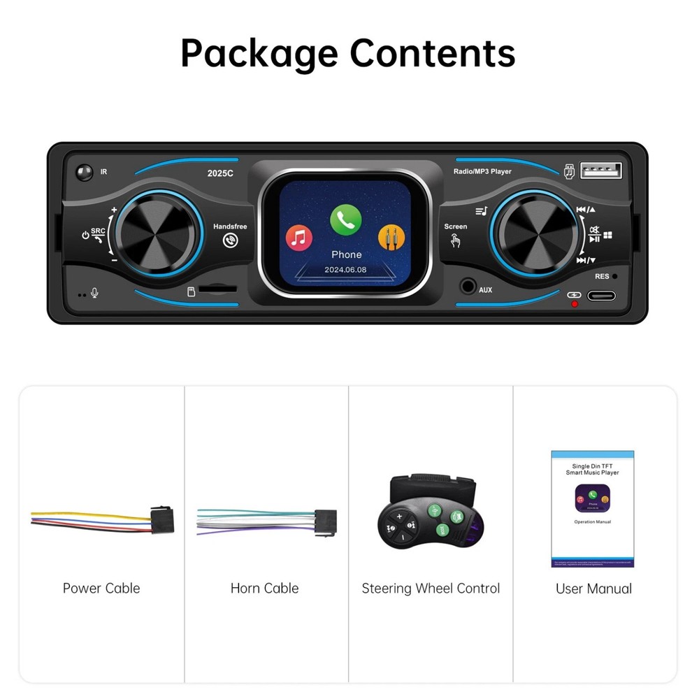 MP3 Car Radio with Steering Wheel Control, Bluetooth A2DP USB TF Card Reader
