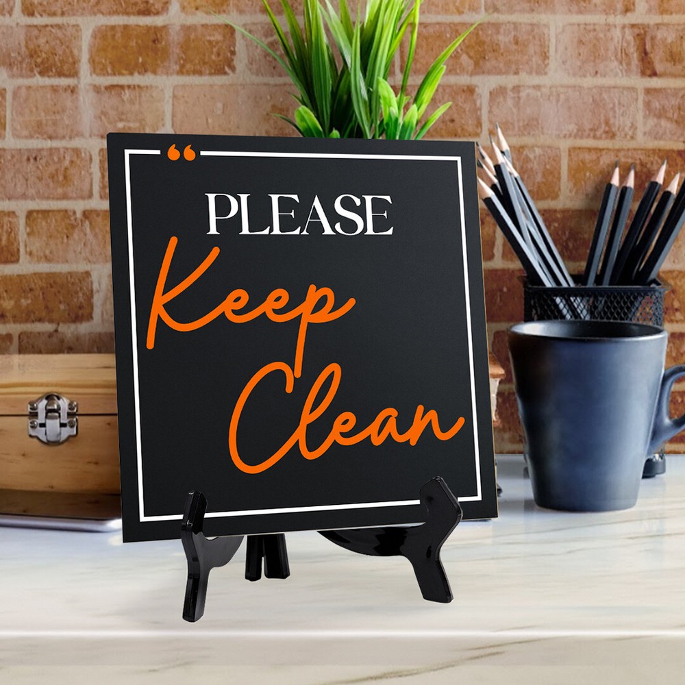 Please Keep Clean 5"x 5" Square Table Sign With Acrylic Easel