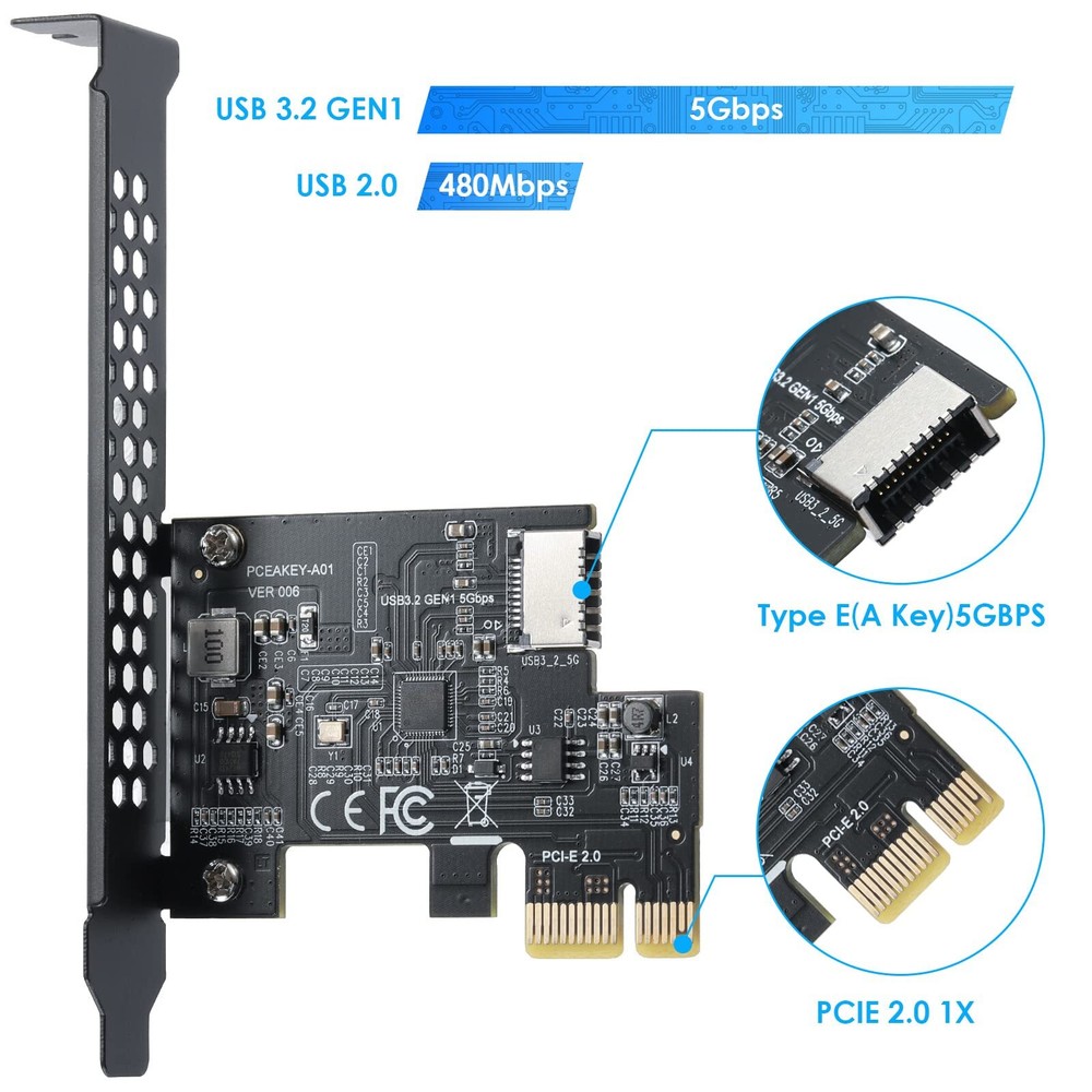 PCI-E 1X to USB 3.2 GEN1 5Gbps Type-E A-Key Expansion CardFront Panel Type-C ...