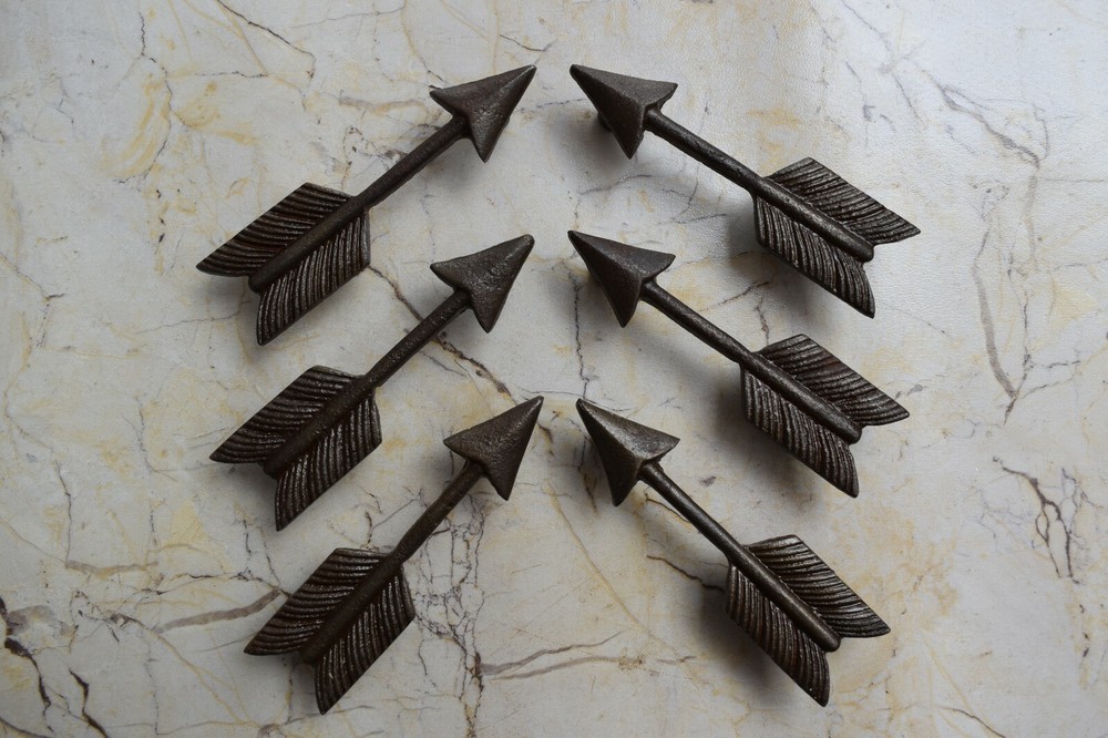 Vintage cast iron Arrow cabinet drawer door knobs handles pull rustic 6 pcs